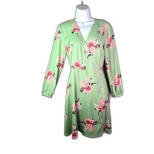 LOFT Wrap Dress Sage Green 4 Floral Cottagecore Long Sleeve Pink Rose